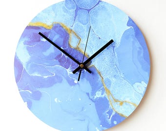 Blue Wall Clock - Abstract Art Clock - Blue and Gold Clock - Abstract Print - 12'' Clock
