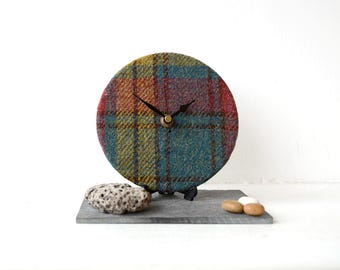 Harris Tweed Desk Clock - Blue Gold Brown Clock - Pure Wool Desk Clock - Scottish Tartan - Scottish Plaid - Wool Anniversary Gift