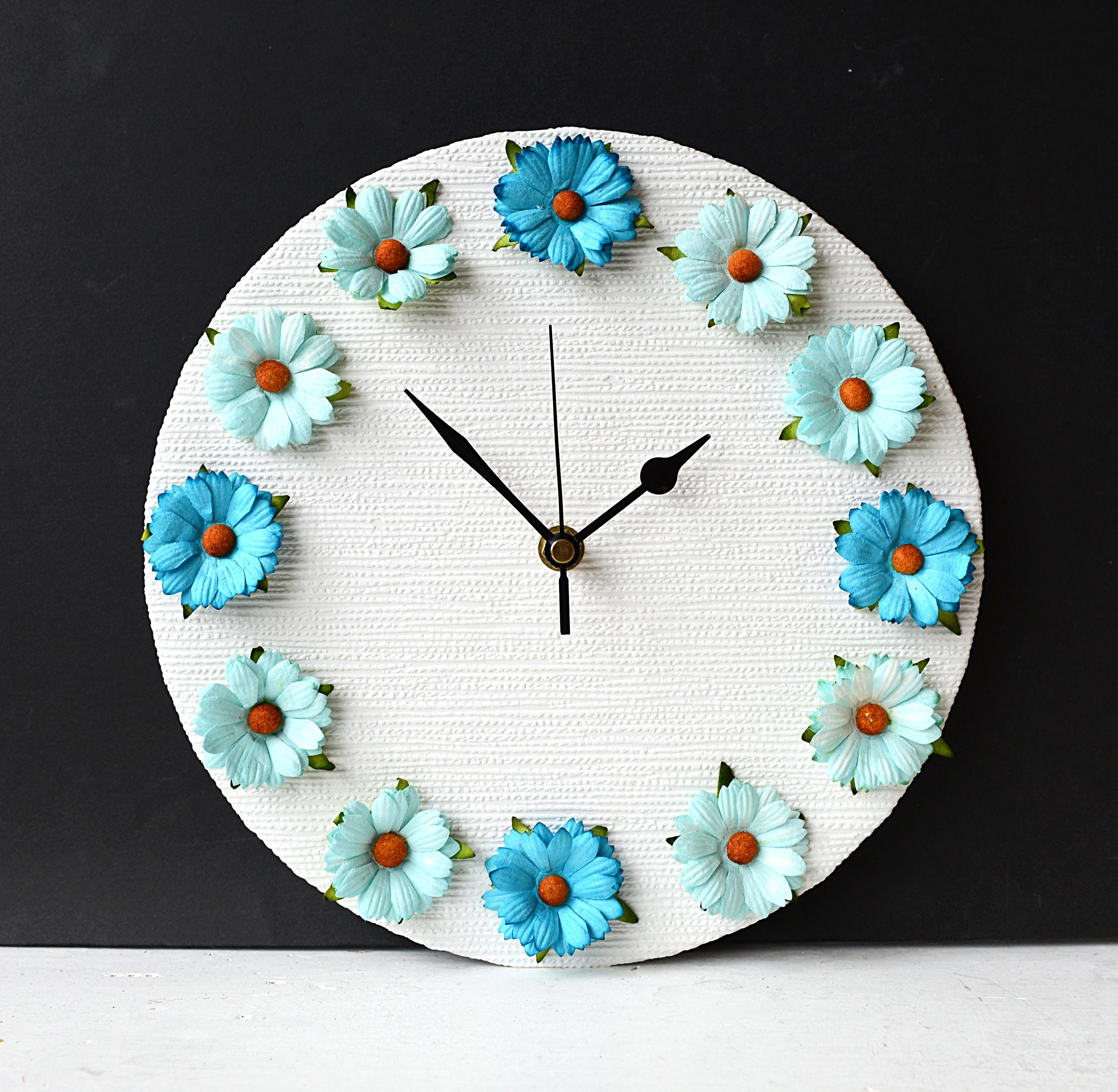 Daisies Wall Clock - Turquoise and Blue Mulberry Paper Daisy