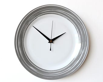 Dinner Plate Clock - White and Grey Clock - Recycled Ceramic Plate - Minimalist Clock