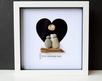 Framed Pebble Art - Pebble Lovers - Heart Frame - Engagement Wedding Gift - Personalised Pebble Art - Moon