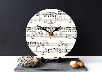 Music Paper Desk Clock - Recycled Music Sheet - Music Lover Gifts - Round Desk Clock