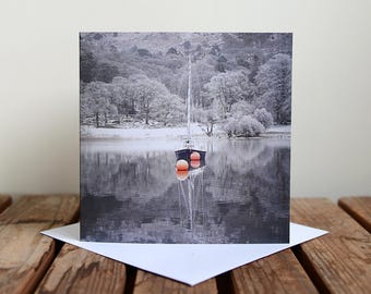 Coniston Water Greeting Card  - Boat on Lake - Snow Winter Scene