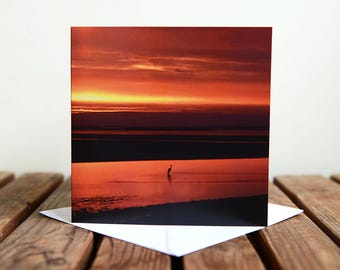 Sunrise Greeting Card - Morecambe Bay - Heron - Orange Sunrise - Blank Card - Photo Greeting Card - Square Card