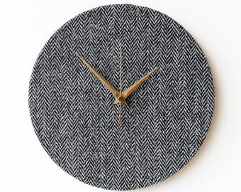 Harris Tweed Clock - Grey Clock - Pure Wool Desk Clock - Herringbone Scottish Tartan