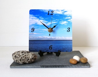 Reloj de escritorio marino - Reloj de escritorio fotográfico - Reloj oceánico - Reloj costero - Reloj azul - Reloj de escritorio cuadrado