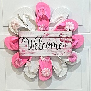 Coronas de decoración para el hogar, hogar hecho a mano, letrero de flamenco rosa, regalo, corona de verano, decoración de porche de primavera, corona para puerta de entrada, regalos para el hogar