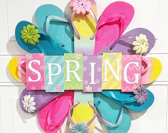 Front Door Wreath, Spring Wreath Signs, Home Decor Wreath, Beach House Decor, Spring Decoration for Front Door, Flip Flop Wreath, Wall Decor