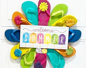Front Door Wreath Signs, Outdoor Wreath, Wall Decor, Welcome Summer Sign, Mothers Day, Room Decor, Flip Flop Wreath, Home Decor, Home Gifts
