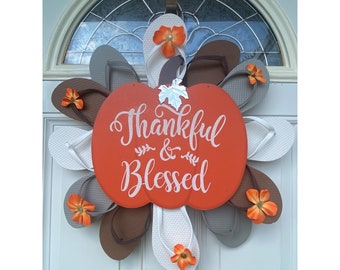 Fall Porch Decor, Home Decor Wreath, Thankful & Blessed sign, Wreath for Fall, Pumpkin Wreath, Autumn Wreath, Fall Harvest, Decor