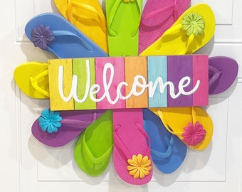 Couronne De Porte Déco Été – Tongs Et Ambiance Plage, Fait Main