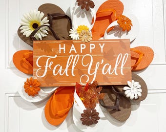 Fall Porch Decor, Fall Wreath Home Decor, Happy Fall Y’all sign, Fall Style Gifts, Orange and Brown Fall Wall Decor, Front Door Wreath