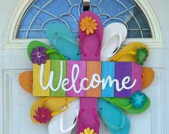 Wall Decor, Outdoor Wreath, Welcome Sign, Home Decor, Beach House Front Door Decor, Summer Wreath, Flip Flop Wreath, Spring Porch Decor