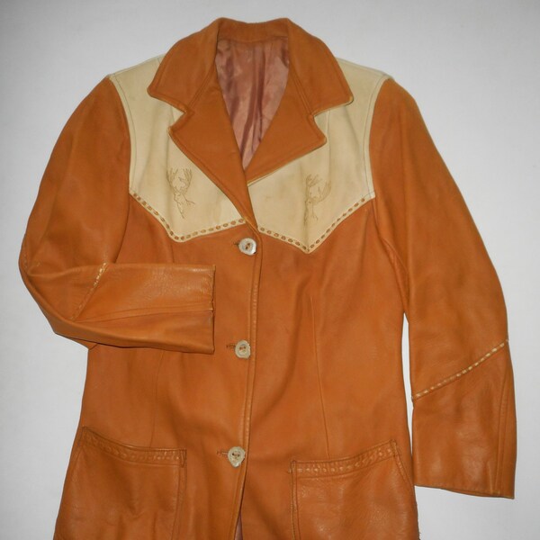 Vintage Etched Elk Western Buckskin Leather Jac Shirt Jacket Men's Antler Bone Buttons Deer Blazer