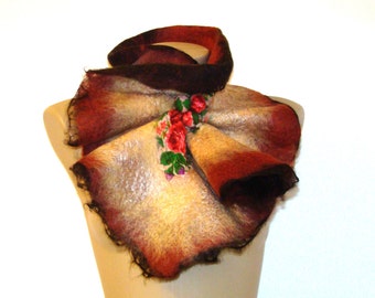 Multicolor Felted Wool Scarf Neckpiece Collar. Brown Beige Felted Wrap floral scarf. Chunky scarf Elegant winter accessory. Folk style
