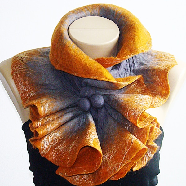 Felted Scarf Neckpiece Collar. Shibori Grey & Pumpkin Nuno Felted Wool Scarf