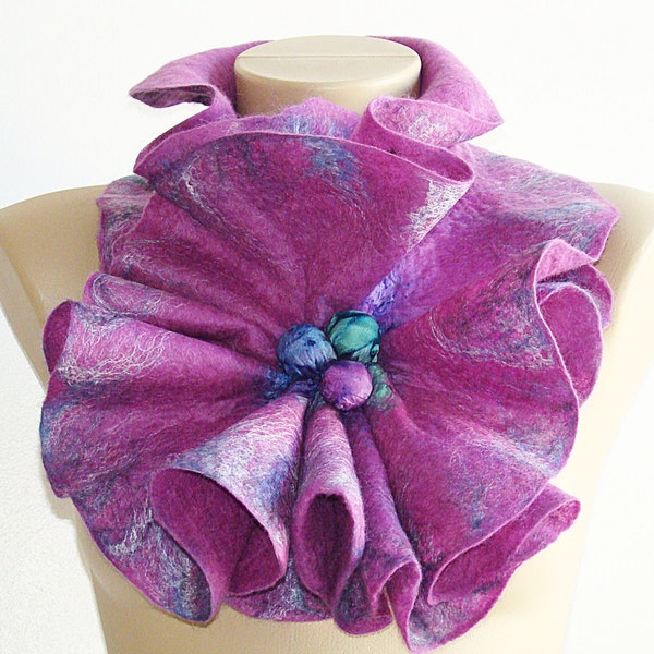 Large Size Felted Wool Scarf Neckpiece Collar. Shibori  violet pink scarf. Wrap wool scarf. Chunky scarf.