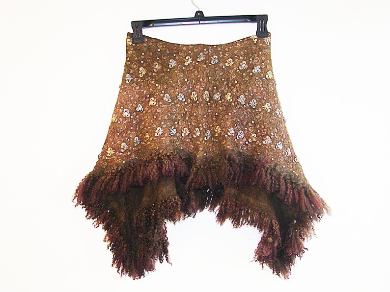 Silk Skirt Nuno Felted Brown Beige Skirt Boho Gypsy Skirt Size Small Indian Silk Asymmetrical Knee Skirt Ruffle