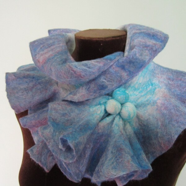 Felted Scarf Neckpiece Collar. Shibori White & blue