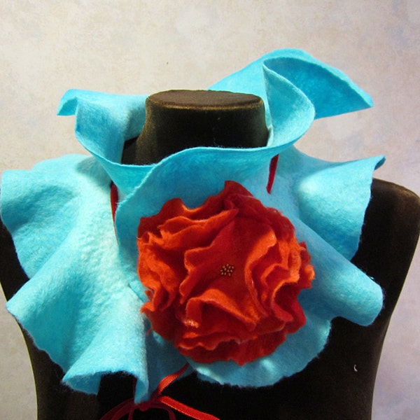 Red flower on the blue. Wool felted Scarf-Neck piece. Hand dyed, hand painted.