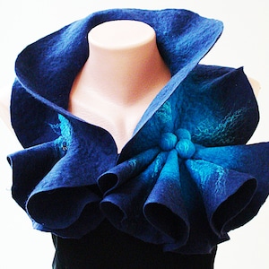 Large size Wool Dark blue & bright blue shibori scarf Felted Wool Scarf Art Fairy collar