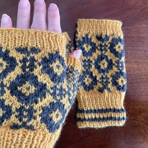 Yellow and gray hand knit wool fingerless gloves