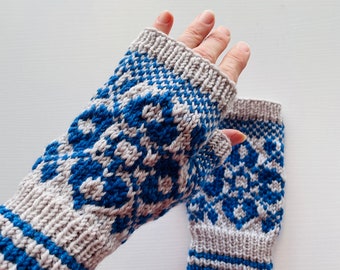 Blue and gray hand knit wool fingerless gloves