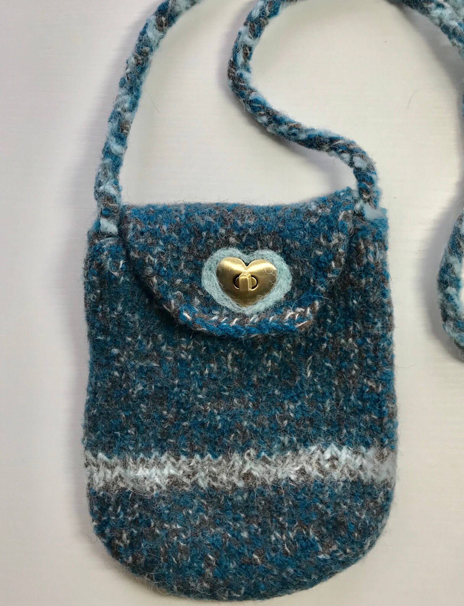 Purse Petite Teal and Black Wool Buttoned Hand Knitted Felted