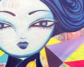 エンプレス・プリント — こけしにインスパイアされたポップシュールな肖像画、ネオンミクストメディア — アジア系アメリカ人アーティストによる限定版