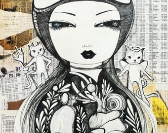 善と悪のベスパ・ギャル — モノクロのベスパ肖像画ジクレープリント、オディティギフト