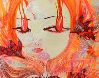 燃える蝶々 — 鮮やかで気まぐれなデジタルプリント、自分に火をつける、デジタルウォールアート