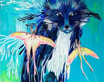 ブルーフォックスのアートプリント、シュールな動物画、神秘的な森の壁アート、自然の精霊のイラスト、気まぐれな森の装飾