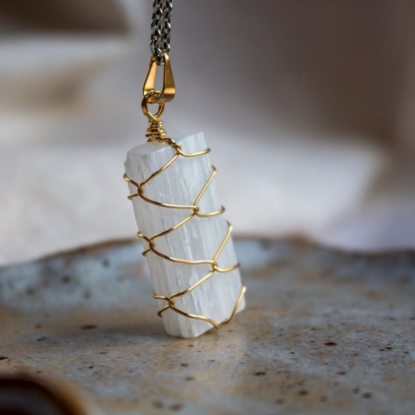 Wire Wrapped Selenite Pendant, Gold Plated