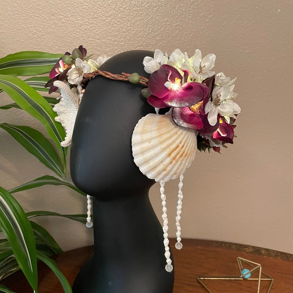 Mermaid Crown / Beach Wedding / Hawaiian / Flower Headdress / Lighted Crown / Headpiece / Flower Head Piece / Succulent Headdress /