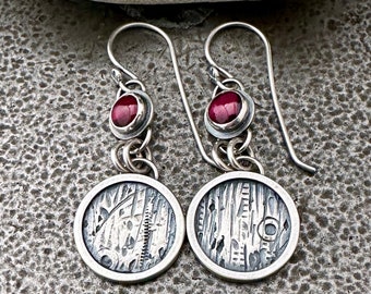 Garnet Sterling Silver Earrings with Hand Stamped Tree Bark Texture