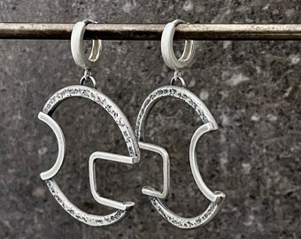 Modern Sterling Silver Asymmetrical Circle Hoop Earrings