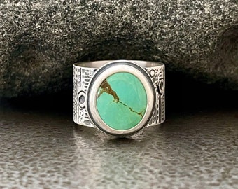 Turquoise Ring with Wide Hand Stamped Tree Bark Pattern Sterling Silver Band Size 7