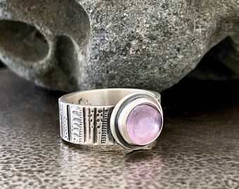 Lavender Amethyst Ring with Hand Stamped Tree Bark Sterling Silver Band Size 9