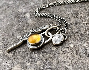 Citrine Sterling Silver Driftwood and Leaf Charm Necklace