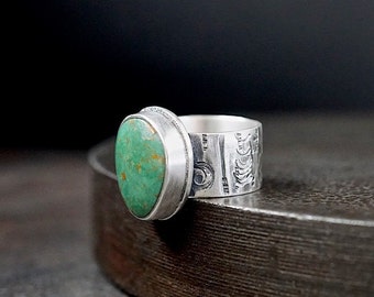 Size 5 Green Turquoise Sterling Silver Wide Band Ring