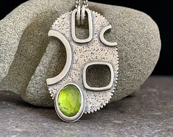 Large Modern Sterling Silver Pendant with Natural Rose Cut Peridot