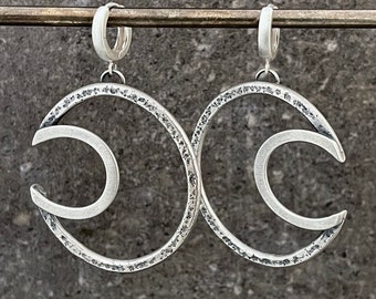 Large Modern Abstract Crescent Sterling Silver Hoop Earrings