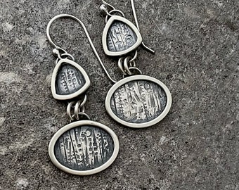 Geometric Sterling Earrings with Hand Stamped Woodgrain Texture