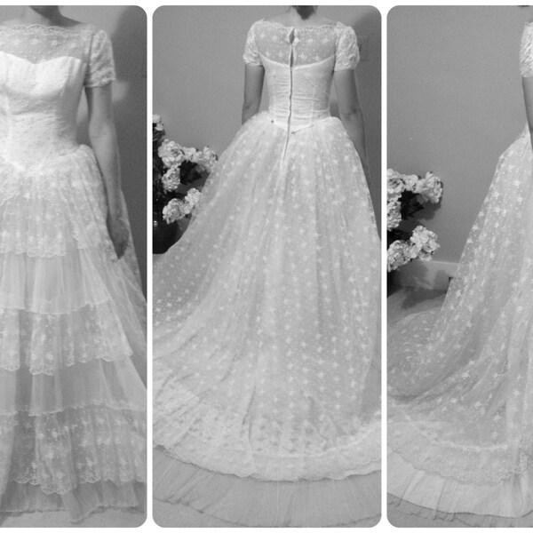 Vintage Wedding Dress -- 1950s lace tiered with train