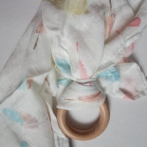 Wooden Ring Lovey | Bright Swaddle Blanket Toy Feathers