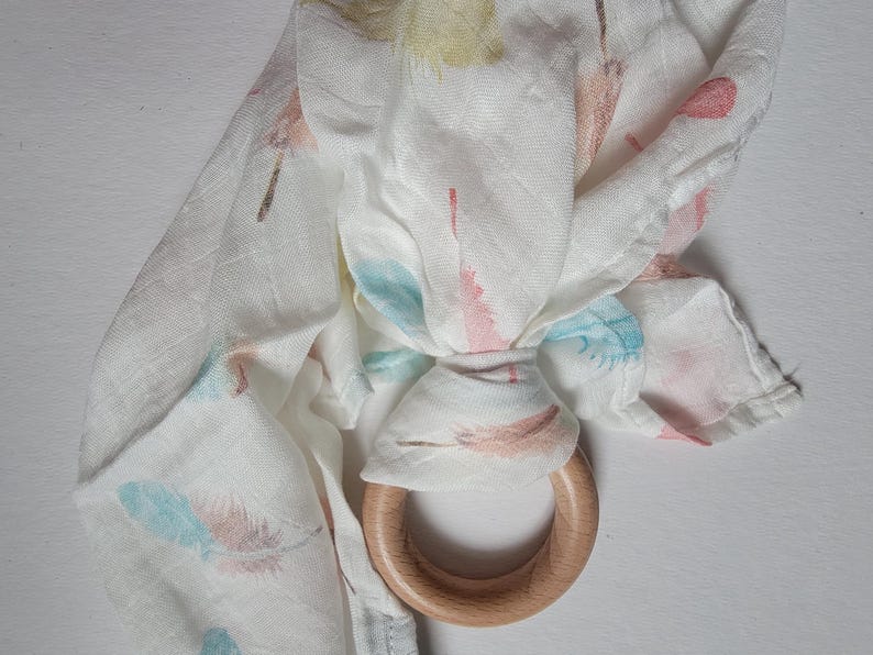 Wooden Ring Lovey | Bright Swaddle Blanket Toy Feathers