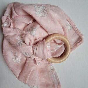 Wooden Ring Lovey | Bright Swaddle Blanket Toy Pink Bunny