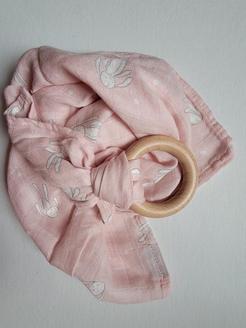 Wooden Ring Lovey | Bright Swaddle Blanket Toy Pink Bunny
