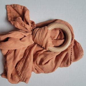 Wooden Ring Lovey | Bright Swaddle Blanket Toy Burnt Orange