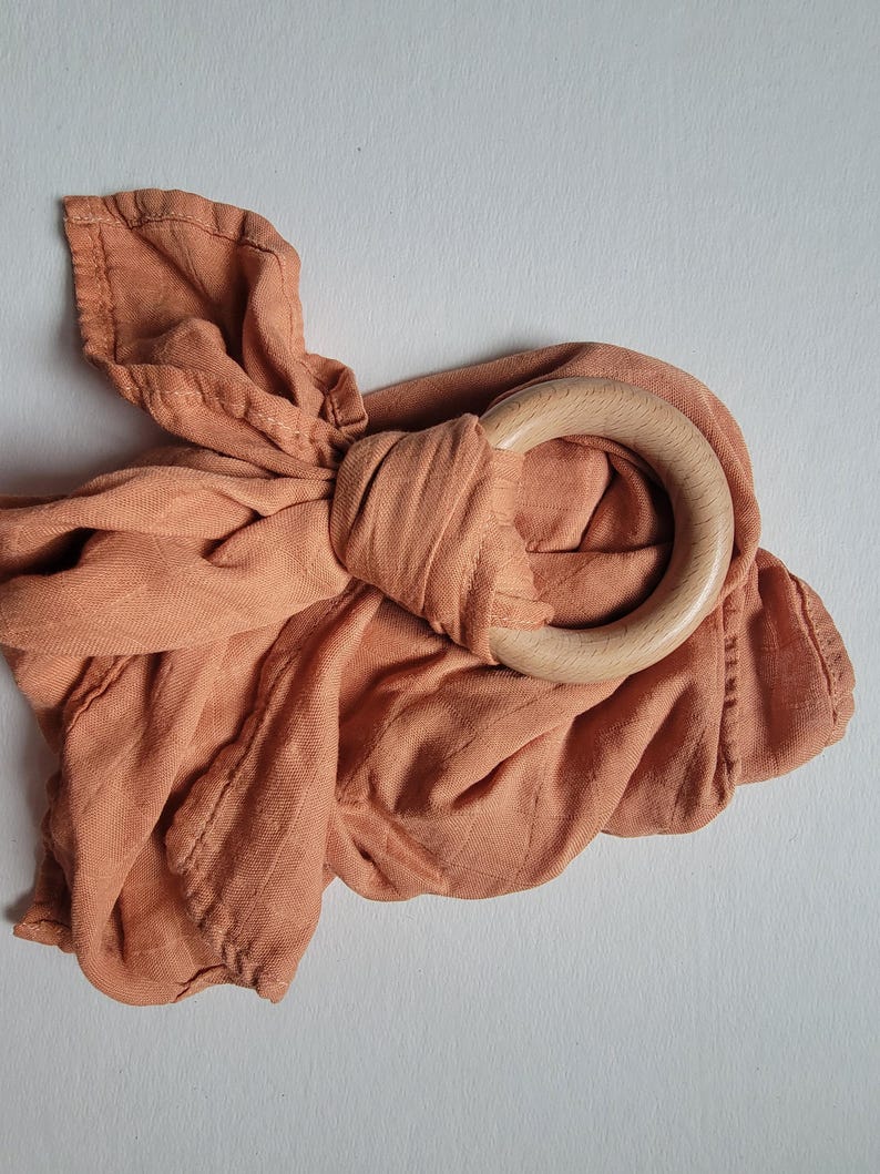 Wooden Ring Lovey | Bright Swaddle Blanket Toy Burnt Orange
